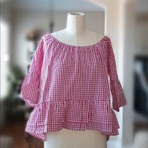 NWOT Fuchsia Gingham Ruffle Top